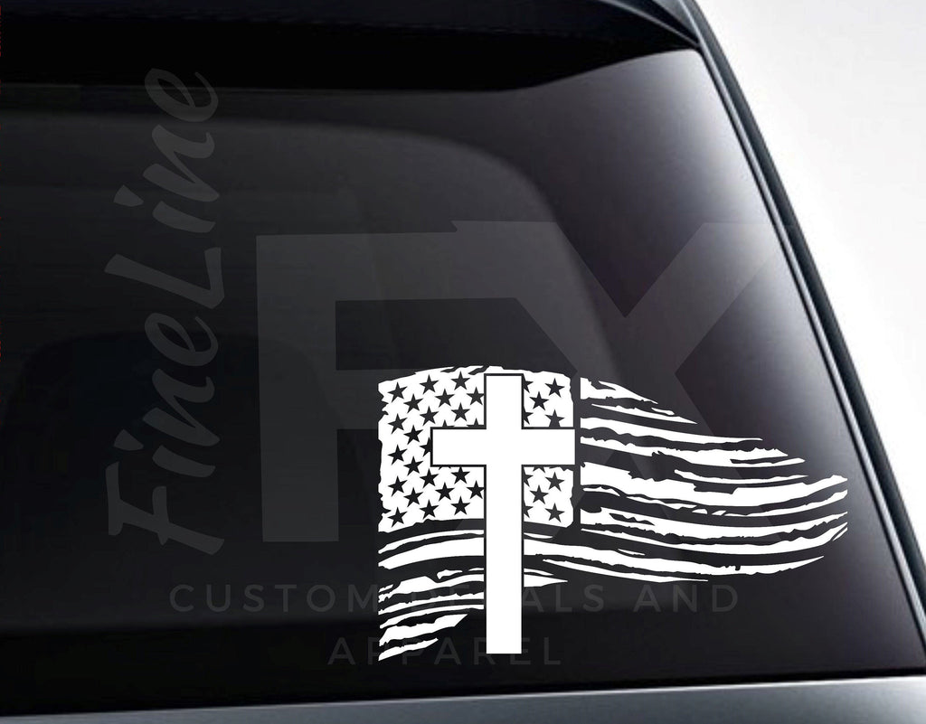 American Flag with Cross Vinyl Decal Sticker / Car Truck Decal Sticker