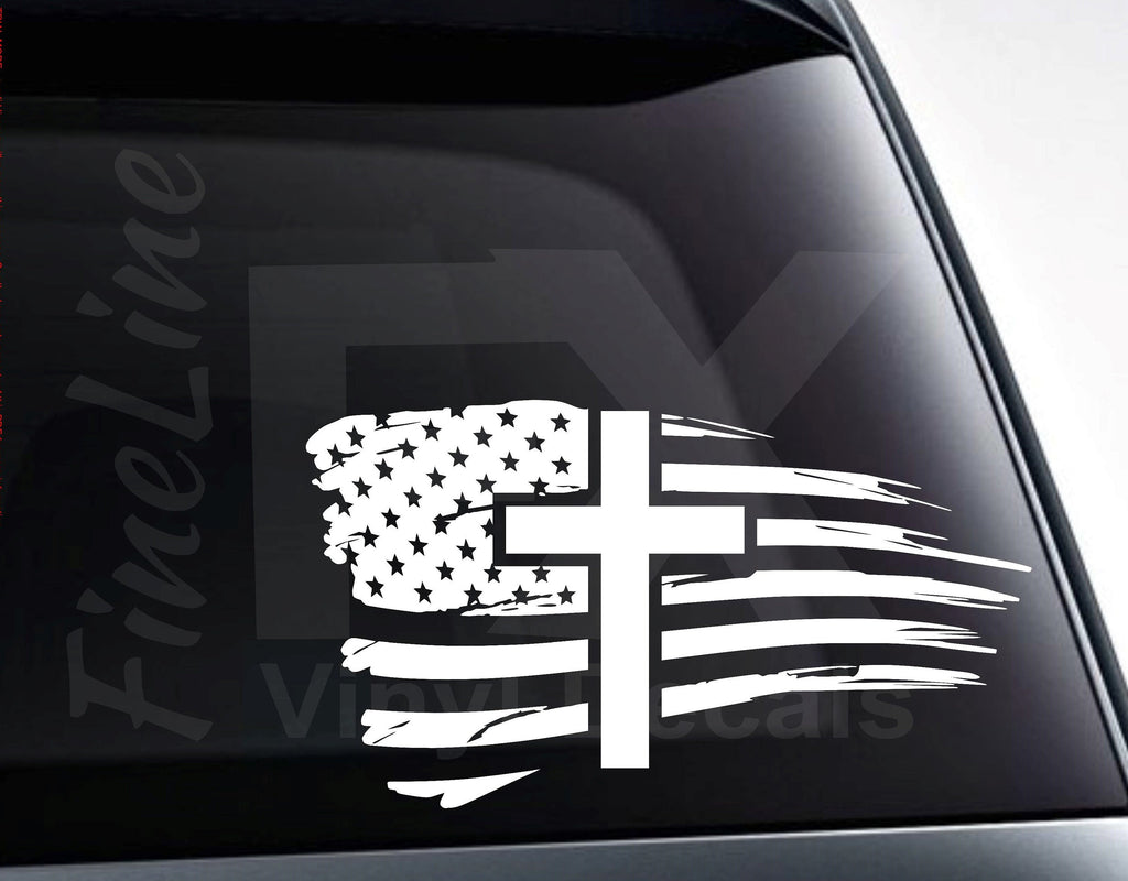 Distressed USA American Flag Religious Cross Vinyl Decal Sticker 