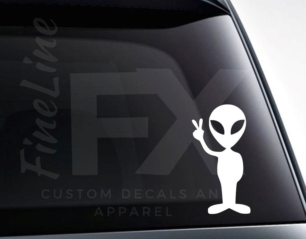 Alien Holding Up A Peace Sign Vinyl Decal Sticker - FineLineFX