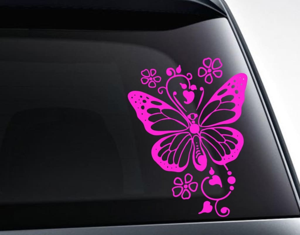 Butterfly With Hearts And Flowers Vinyl Decal Sticker - FineLineFX