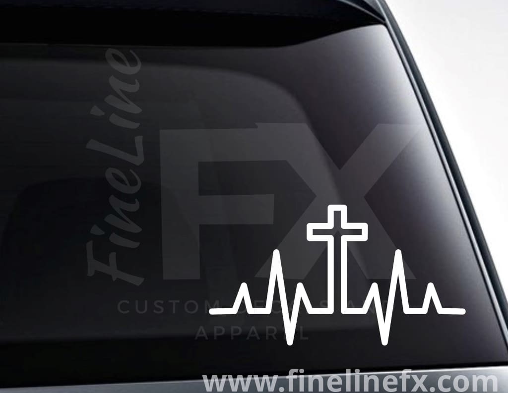 Christian Cross Heartbeat Vinyl Decal Sticker - FineLineFX