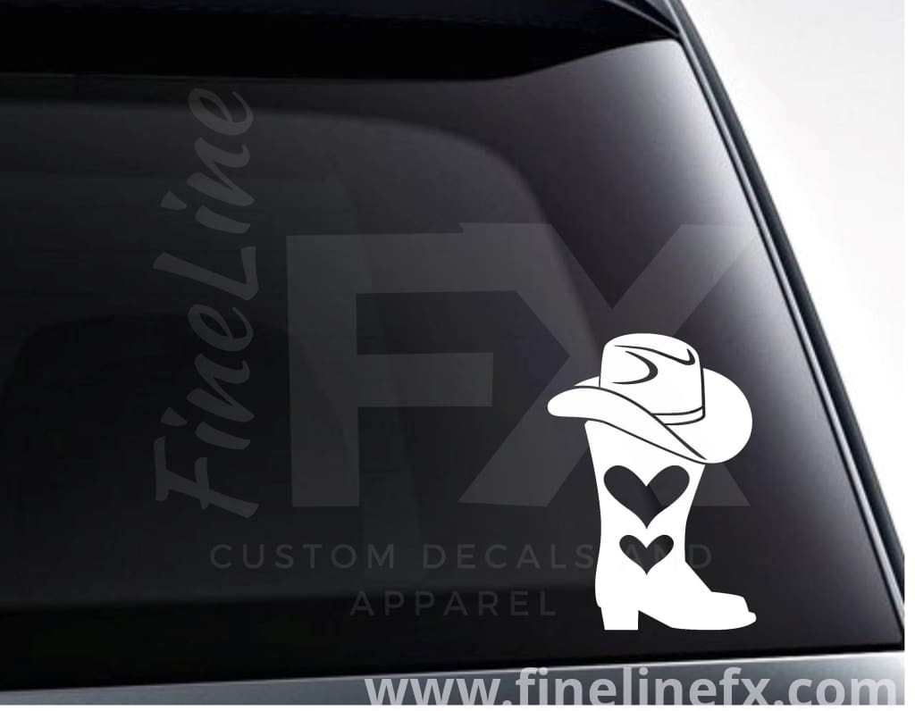 Cowboy Hat And Cowboy Boot With Hearts Country Girl Vinyl Decal Sticker - FineLineFX