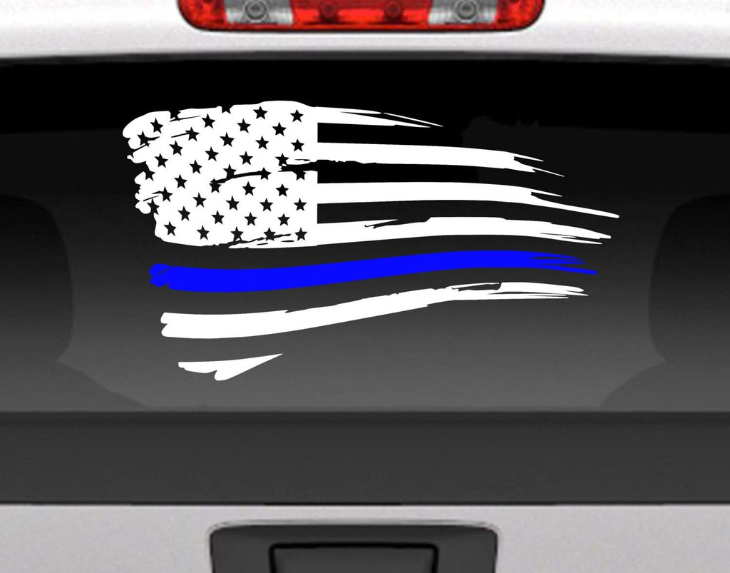 Distressed American Flag With Blue Line For Police Support Vinyl Decal Sticker - FineLineFX