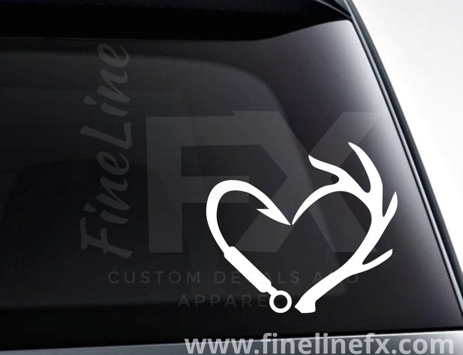 Fishing Hook And Deer Antlers Heart Vinyl Decal Sticker – FineLineFX Vinyl  Decals & Car Stickers