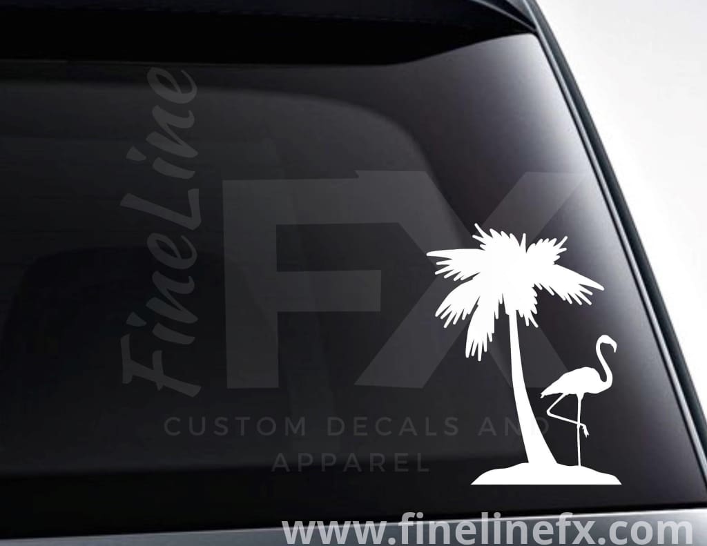 Flamingo And Palm Tree Vinyl Decal Sticker - FineLineFX