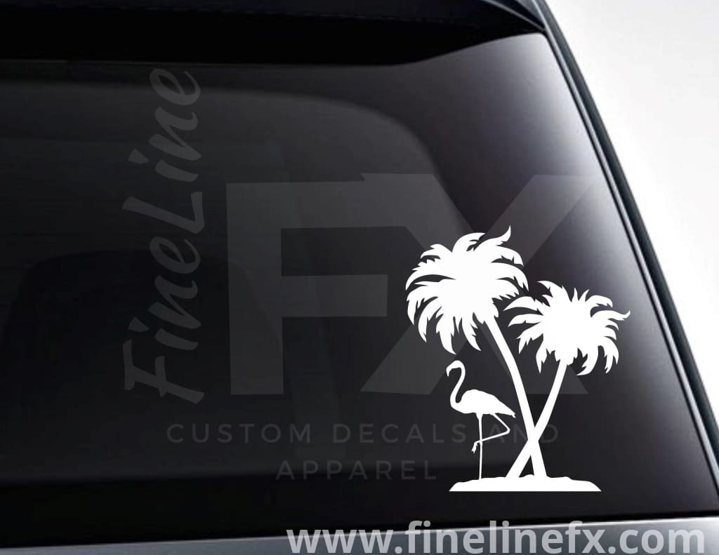 Flamingo And Palm Trees Vinyl Decal Sticker - FineLineFX