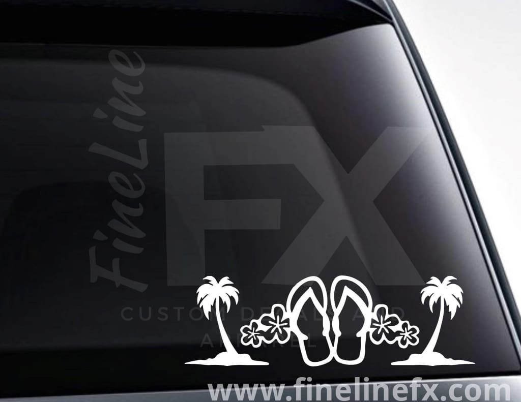 Flip Flops Tropical Flowers And Palm Trees Vinyl Decal Sticker - FineLineFX