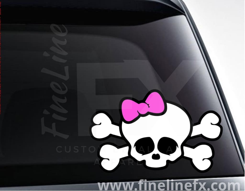 Girl Skull With Pink Bow 3 Color Vinyl Decal Sticker - FineLineFX