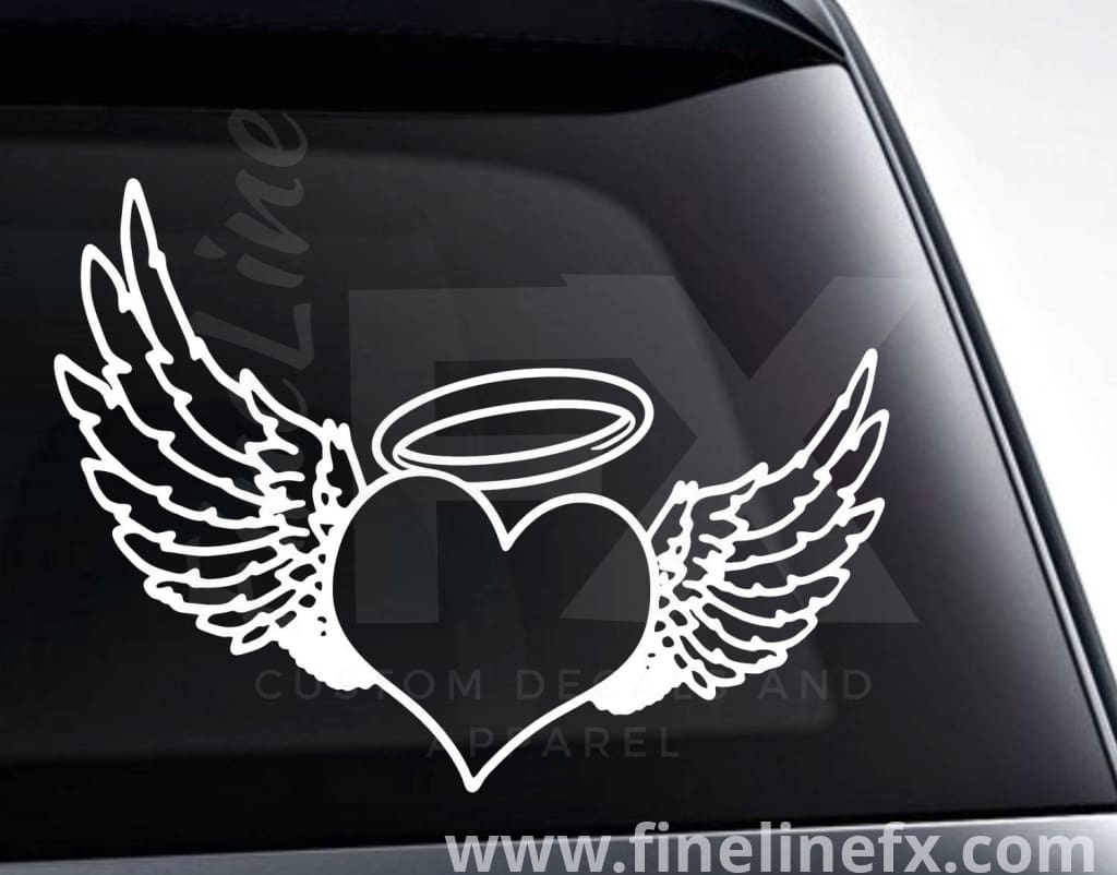 Heart With Angel Wings And Halo Memorial Vinyl Decal Sticker - FineLineFX