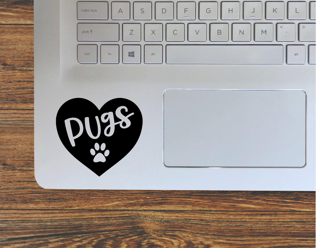 Pug Dog Paw Print Heart, Love Pugs Vinyl Decal Sticker - FineLineFX