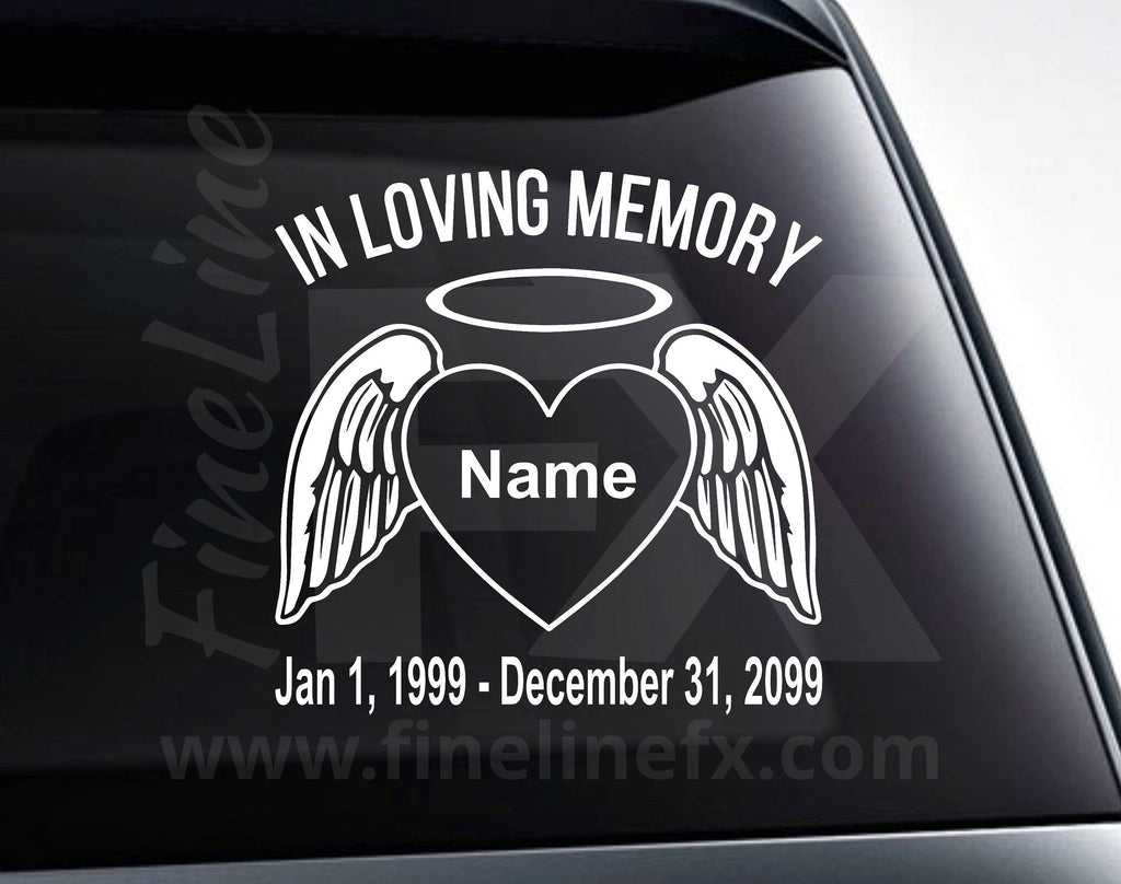 In Loving Memory Name and Dates Custom Text Heart and Angel Wings Memorial Vinyl Decal Sticker - FineLineFX