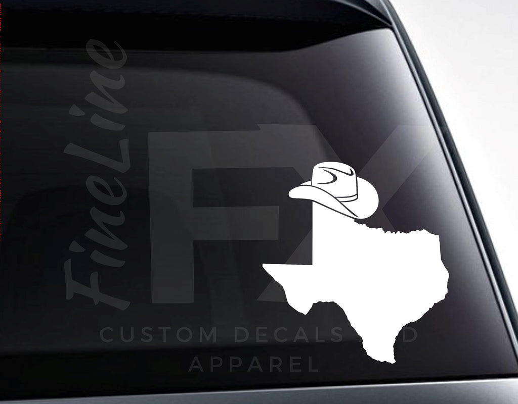 Texas State Shape with Cowboy Hat Vinyl Decal Sticker - FineLineFX