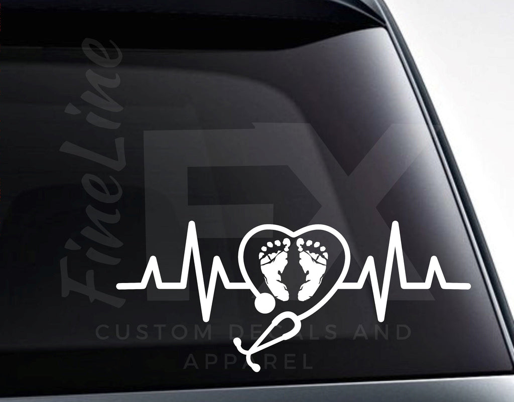 OB Nurse Stethoscope Obstetrician Baby Footprints Heartbeat Vinyl Decal Sticker - FineLineFX