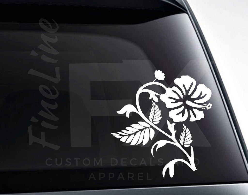 Hibiscus Decal, Hibiscus Flower Tropical Flower With Leaves Vinyl Decal Sticker - FineLineFX