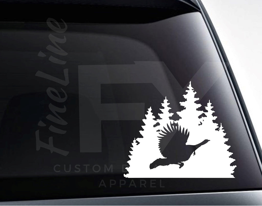 Wild Turkey Flying On A Woods Background Vinyl Decal Sticker - FineLineFX