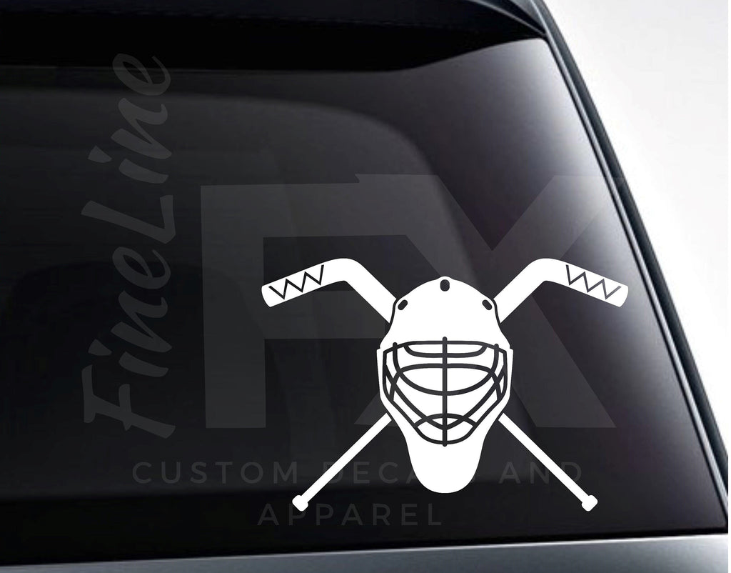 Goalie Mask And Crossed Hockey Sticks Vinyl Decal Sticker - FineLineFX