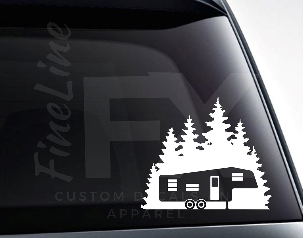 Fifth Wheel Camper Forest Woods Camping Vinyl Decal Sticker - FineLineFX