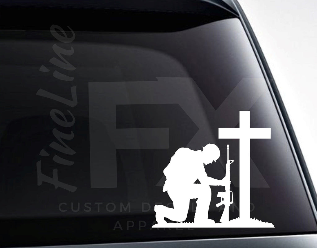 Soldier With Rifle Kneeling In Front Of Cross Memorial Vinyl Decal Sticker - FineLineFX