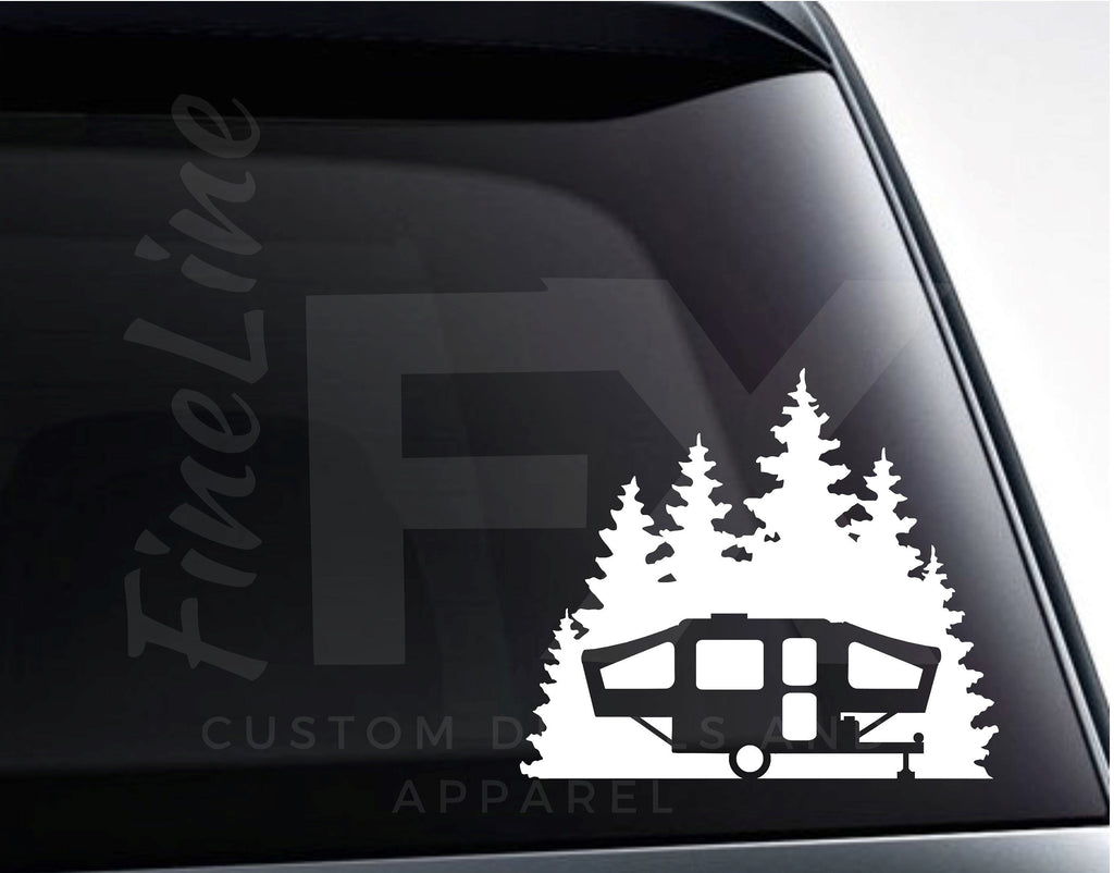 Pop Up Camper Forest Woods Camping Vinyl Decal Sticker - FineLineFX