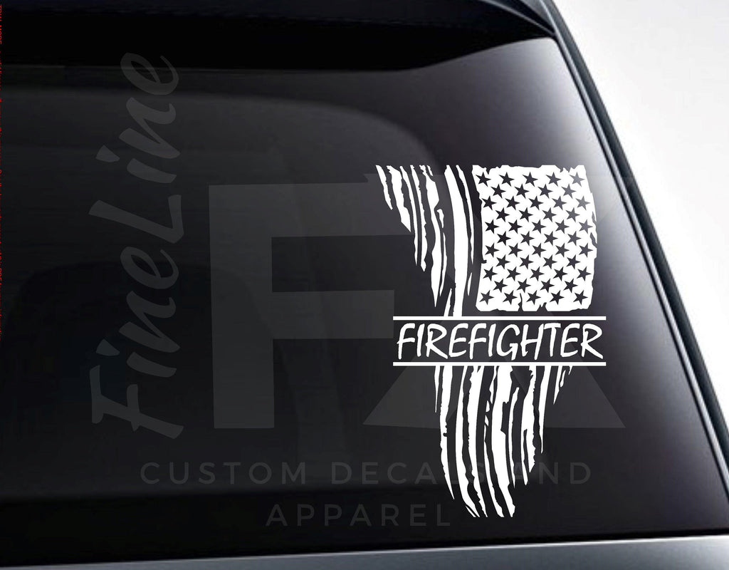 Patriotic Firefighter Fireman Distressed American Flag Vinyl Decal Sticker - FineLineFX