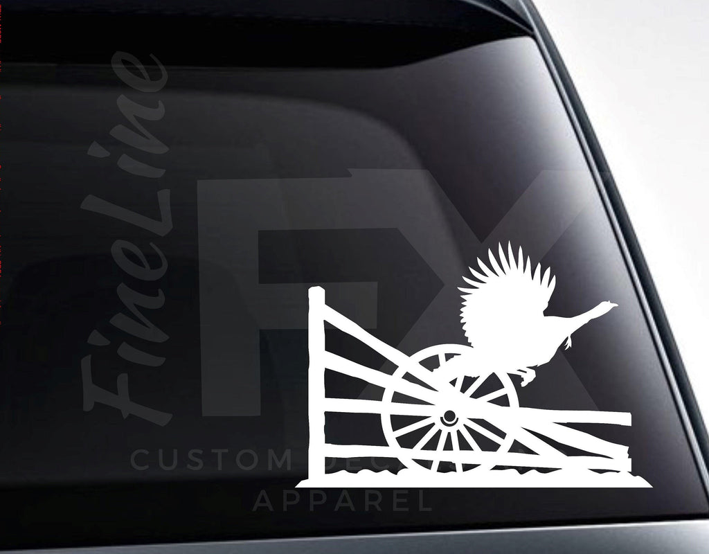 Turkey With Wagon Wheel And Wooden Fence Country Scene Vinyl Decal Sticker - FineLineFX