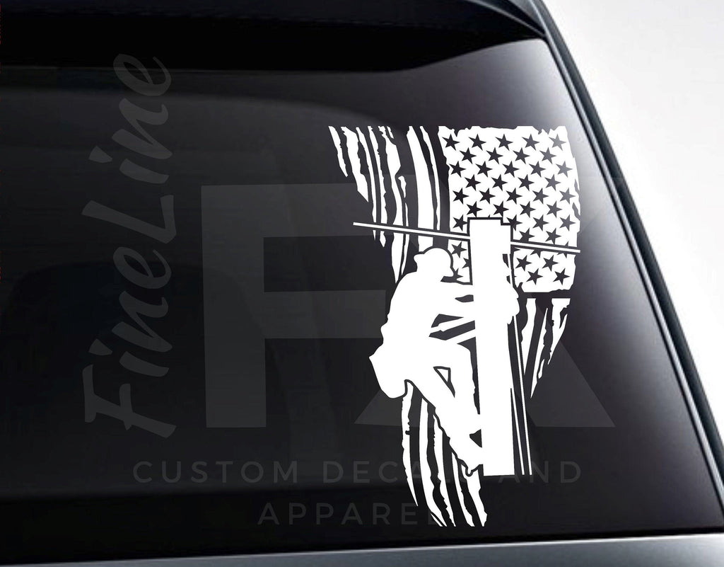 Electric Lineman Distressed American Flag Die Cut Vinyl Decal Sticker - FineLineFX