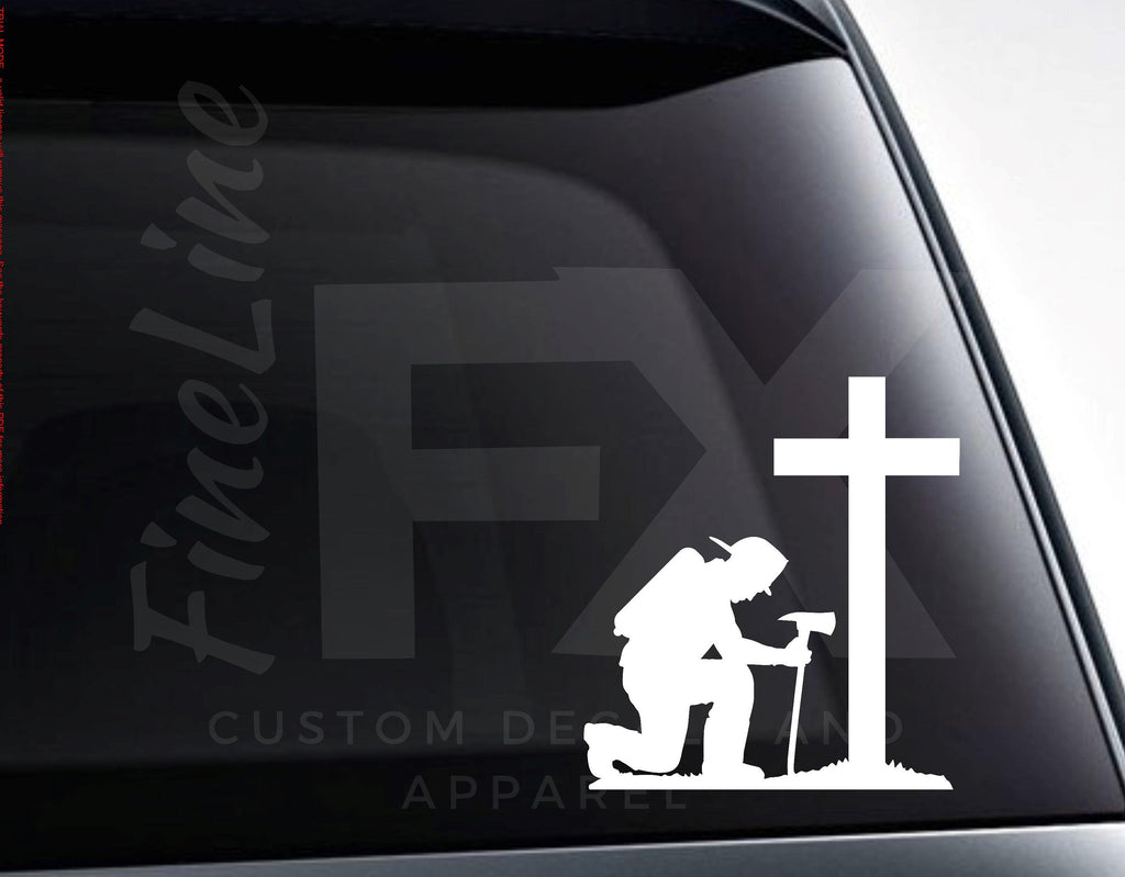 Fireman Kneeling Firefighter Memorial Cross Vinyl Decal Sticker - FineLineFX