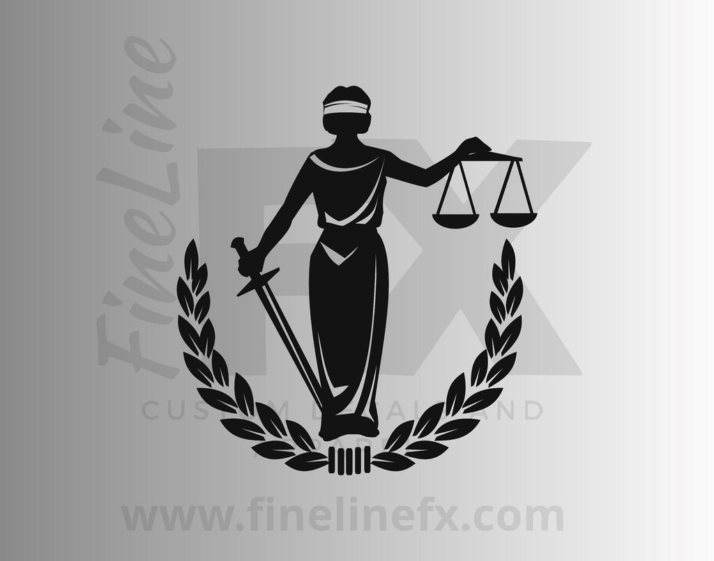 Blind Lady Justice With Law Scales And Sword Vinyl Decal Sticker - FineLineFX