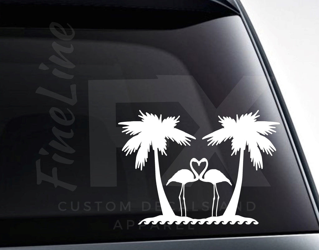 Flamingo Heart Palm Trees Beach Vinyl Decal Sticker - FineLineFX