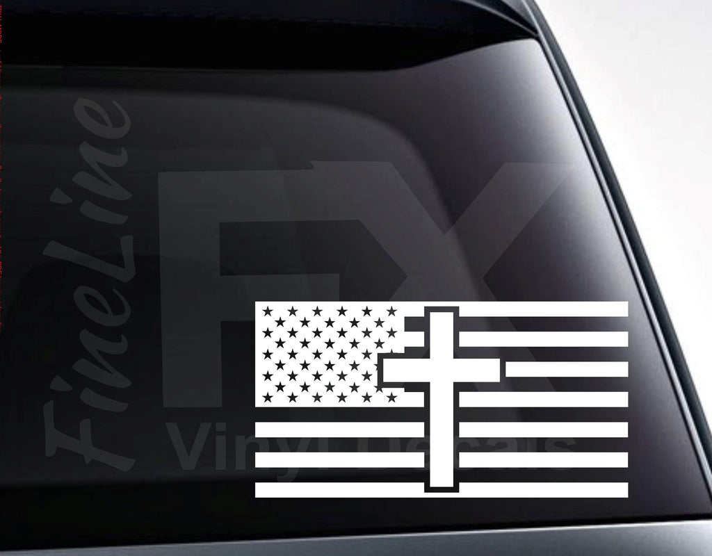 USA American Flag With Cross Vinyl Decal Sticker 