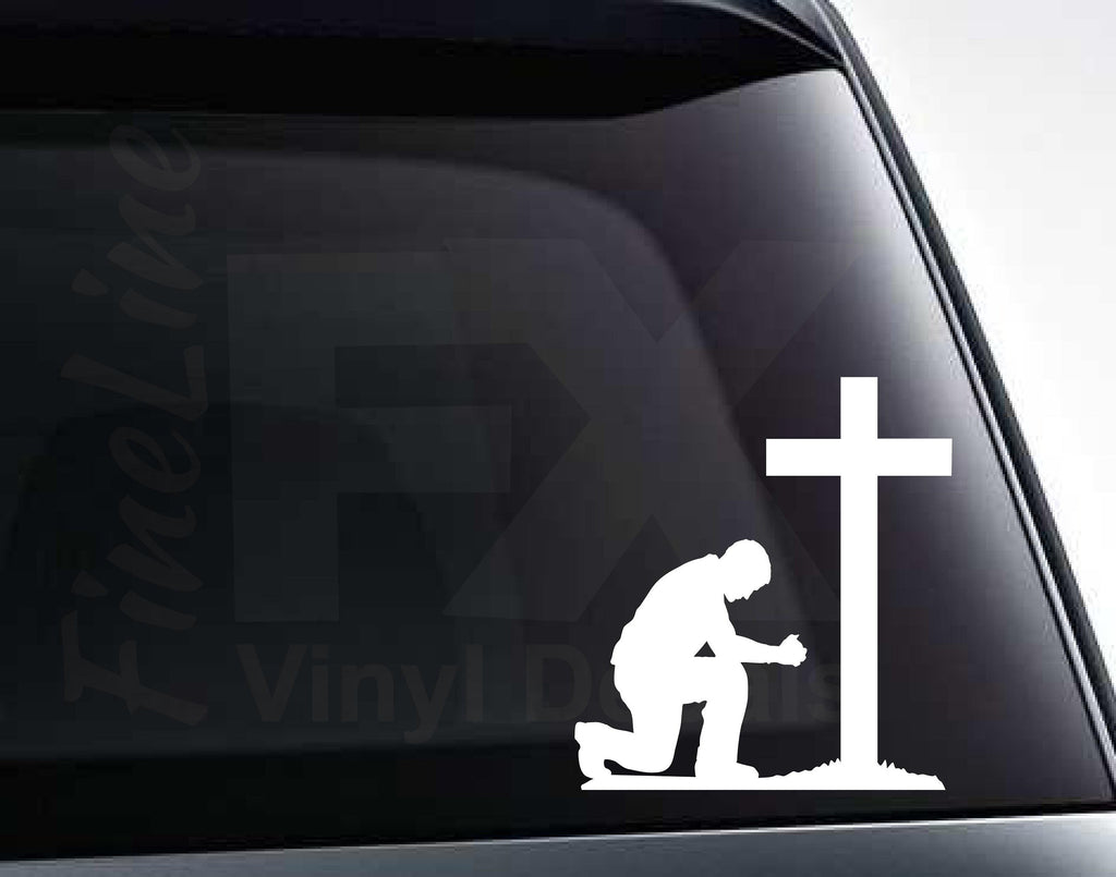 Man Kneeling At Cross Praying Vinyl Decal Sticker / Decal For Car Windows, Laptops, Tumblers And More