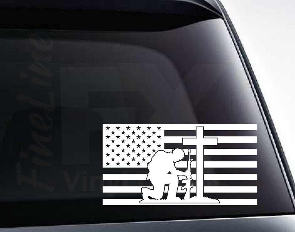 American Flag with Soldier Kneeling at the Cross Vinyl Decal Sticker / Car, Truck Patriotic Decal