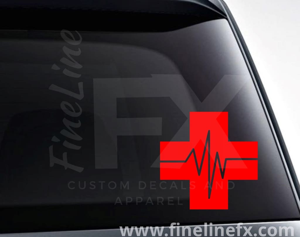 Medical Cross Heartbeat Vinyl Decal Sticker - FineLineFX