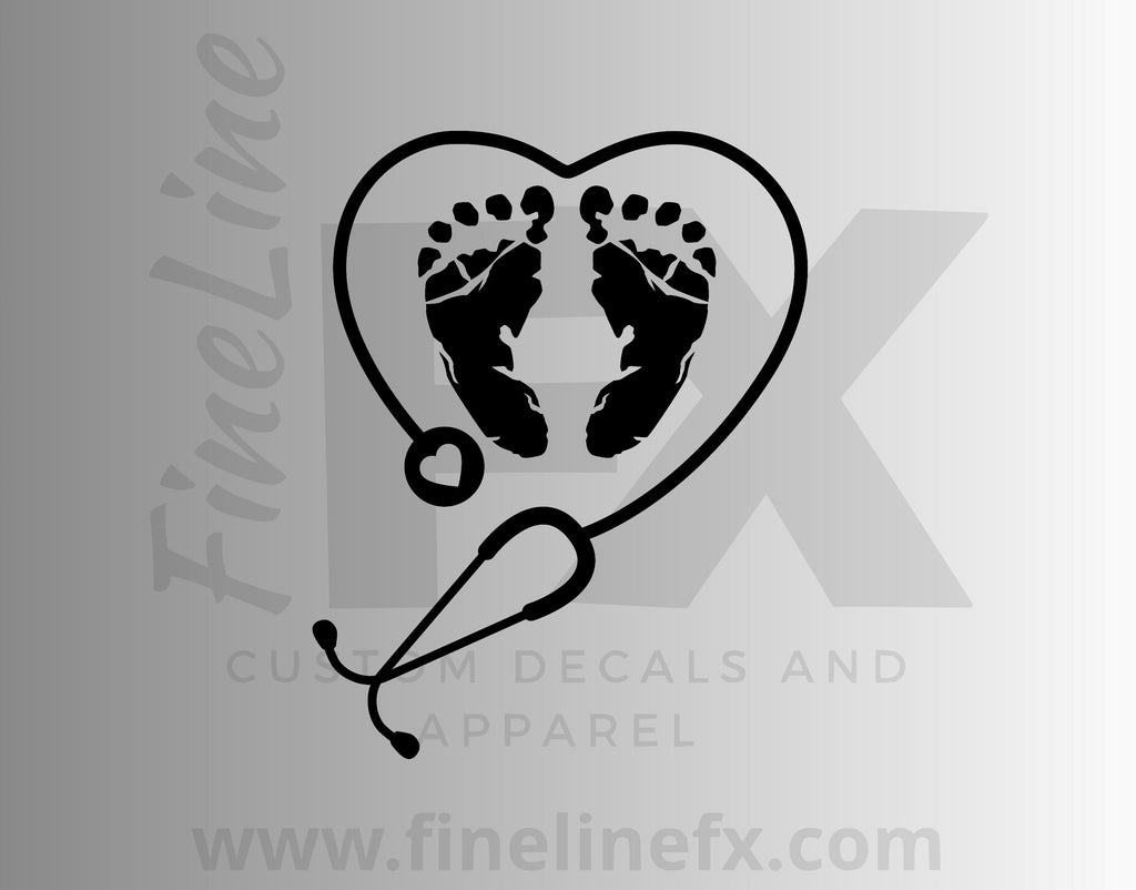 OB Nurse Stethoscope Heart And Baby Foot Prints Obstetrician Vinyl Decal Sticker - FineLineFX