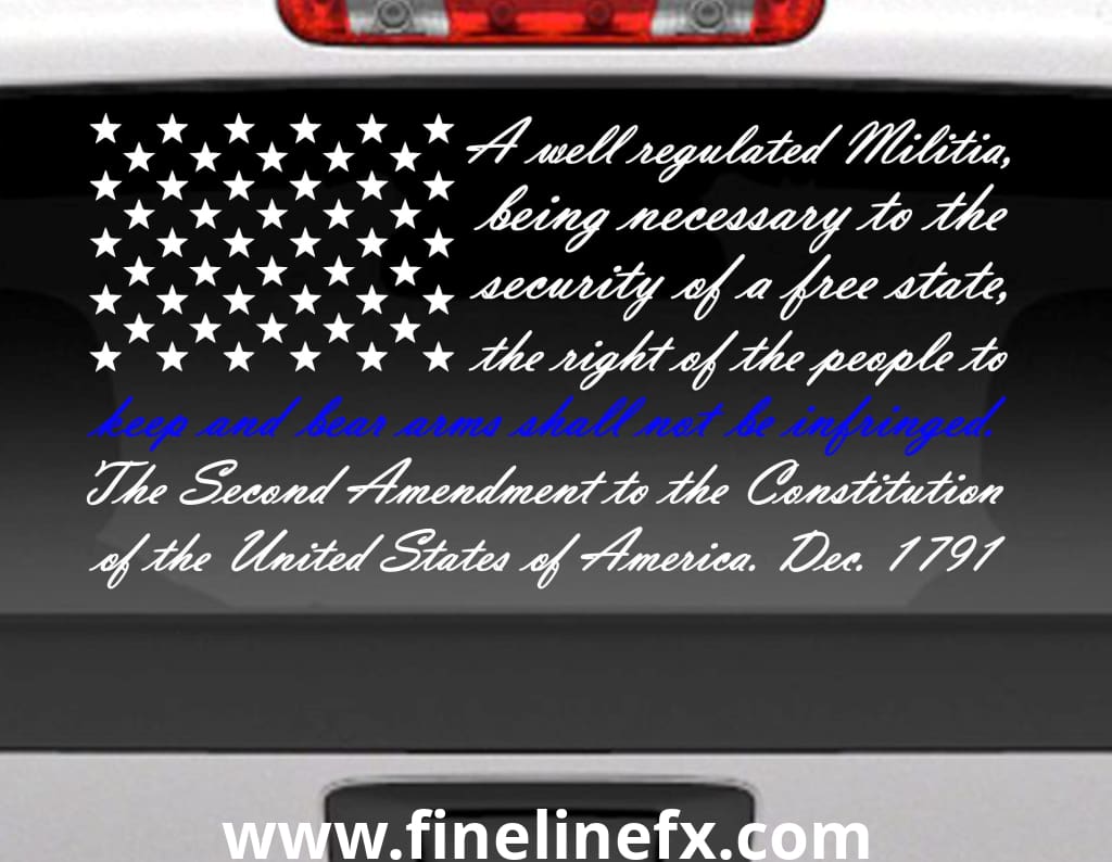 Second Amendment American Flag With Blue Line For Police Support Vinyl Decal Sticker for Cars Trucks and More - FineLineFX