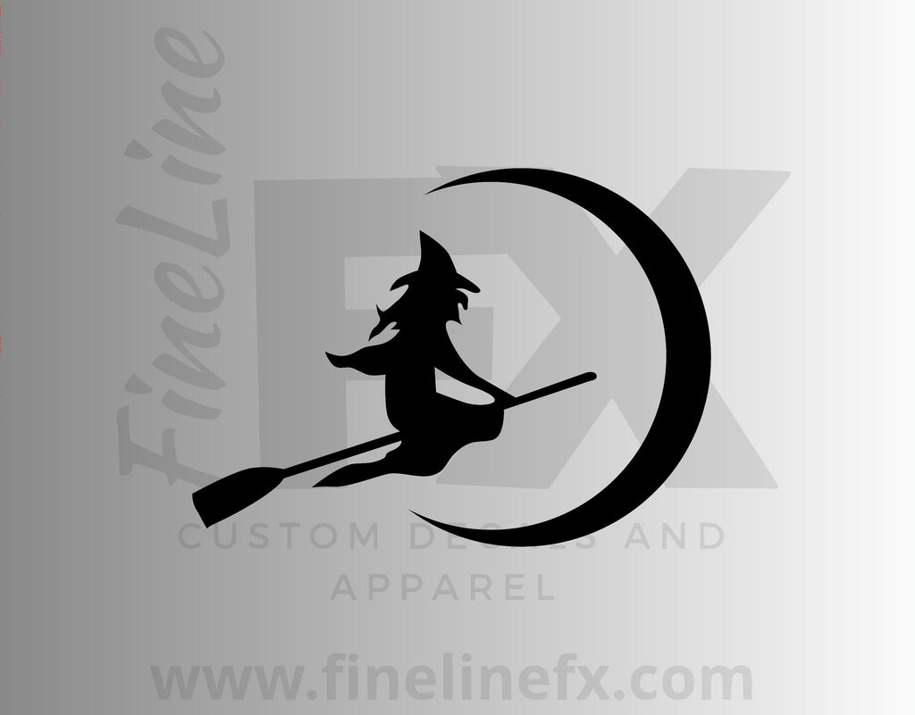 Witch Flying her Broomstick into a Crescent Moon Vinyl Decal Sticker - FineLineFX