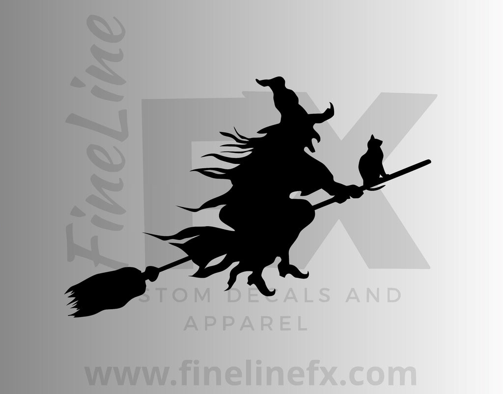 Witch And Black Cat On A Broomstick Vinyl Decal Sticker - FineLineFX